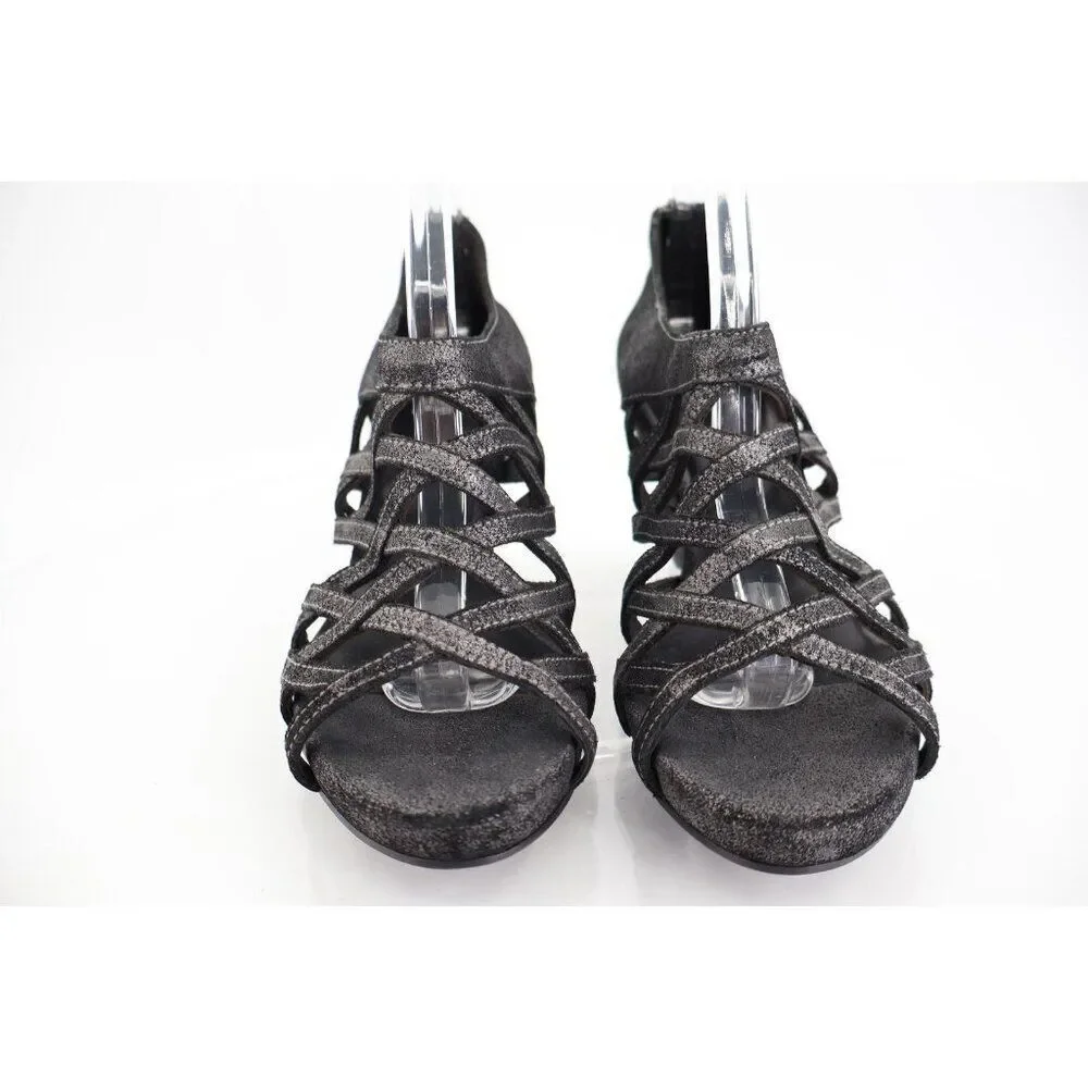 Eileen Fisher Womens Oodle Sandal 6 Open Toe Bootie Black Leather Wedge Caged